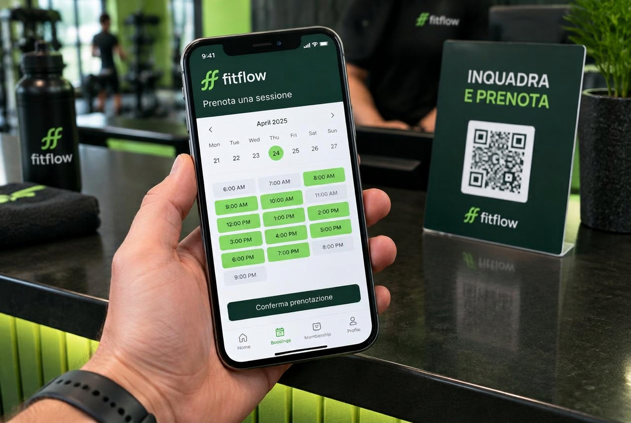 Cliente che prenota la fascia oraria in palestra dall'app Fitflow dopo aver inquadrato il QR